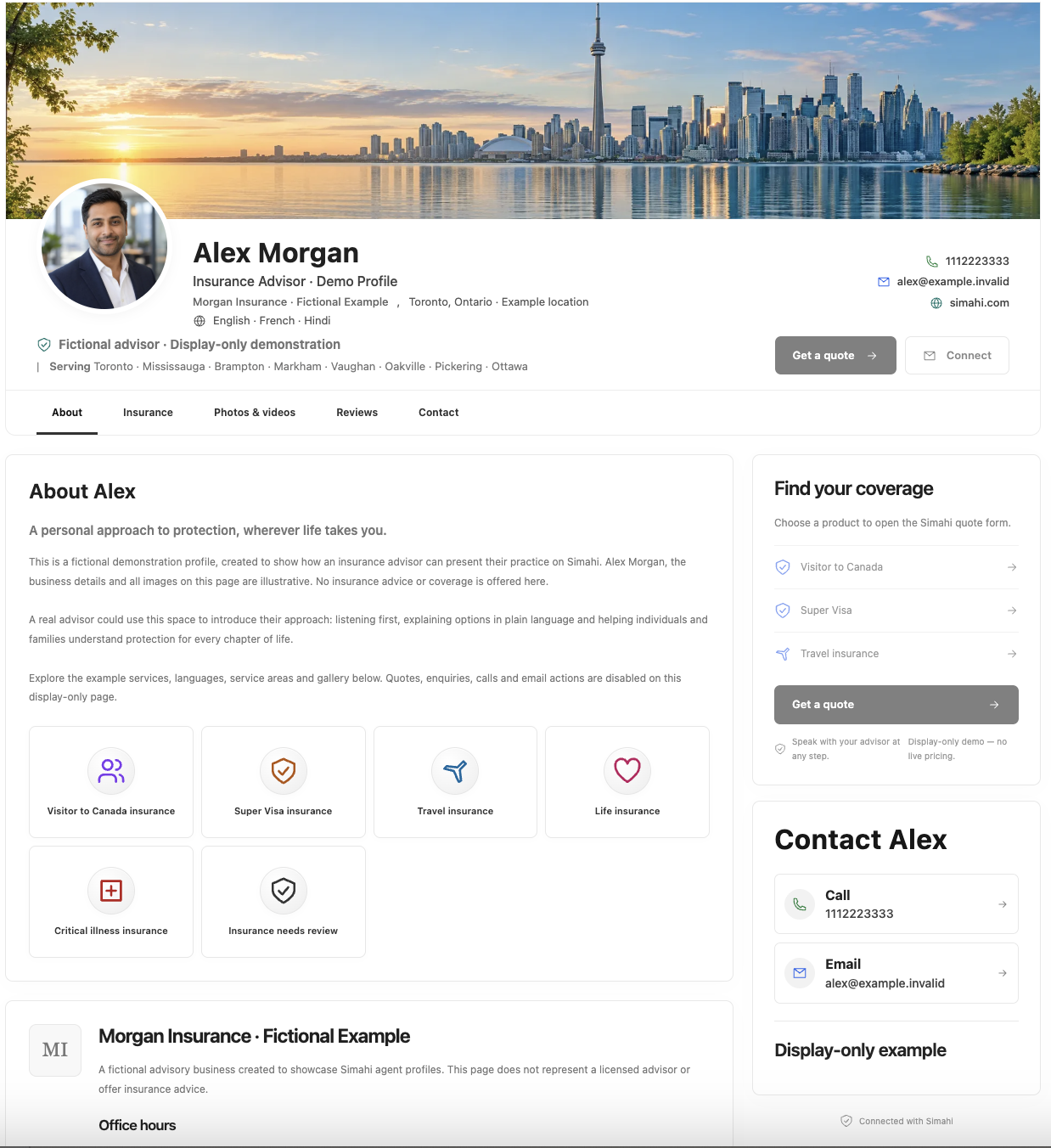 Simahi Agent Page demo showing an advisor profile, services, quote options and contact details
